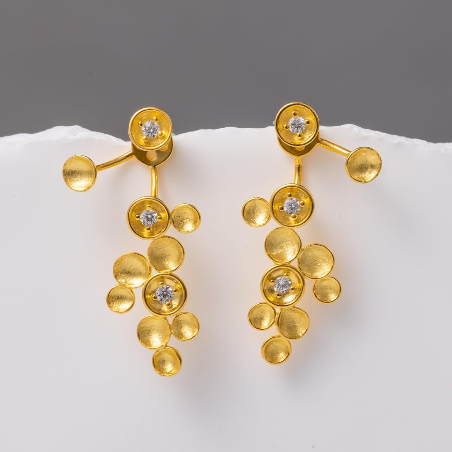 925 Sterling Silver 18k Gold Plated Celestial Disc Dangle Earrings with 5A CZ, Gold Cluster Jacket Earrings for Women, Detachable Stud, Brushed Matte Gold, Unique Statement Gift | GEEZENCA