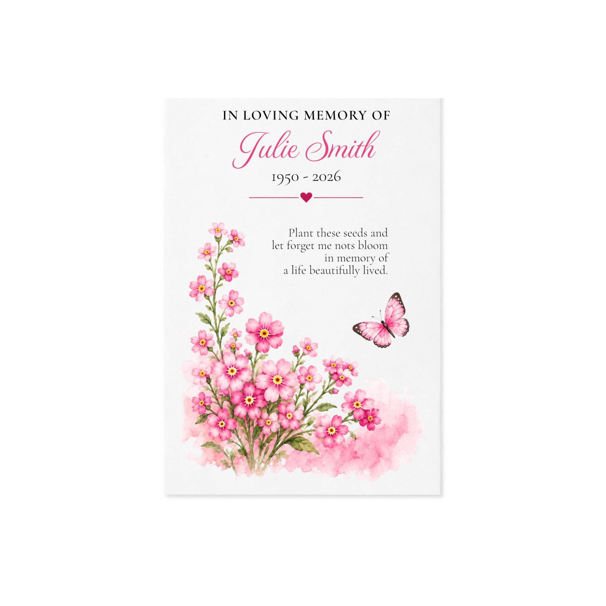 Personalised Forget Me Not Funeral Seed Packet Favours, Pink Forget Me Not Seeds Included, Memorial Funeral Favours, Pack of 10 Favours (Pink Floral Border)