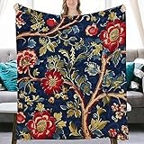 Yinrune Navy Blue Burgundy Gold Floral Flower Blankets Chinoiserie Fuzzy Blanket Throw Decor Plush Super Soft Warm Coral Fleece Blanket for Sofa Chair Living Room Adult and Kids Blanket 50x60