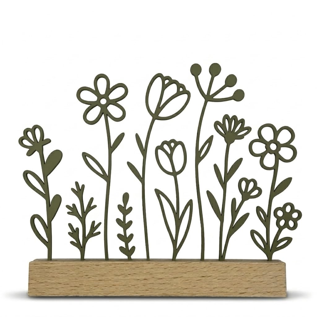 dreideko Minimalistische Line Art Blumenwiese mit Holzfuß | 3D-Druck Deko im Scandi Design | 15x17 cm | Modernes Frühlings- & Sommer-Deko-Objekt | in 4 Farben (Matt Oliv)