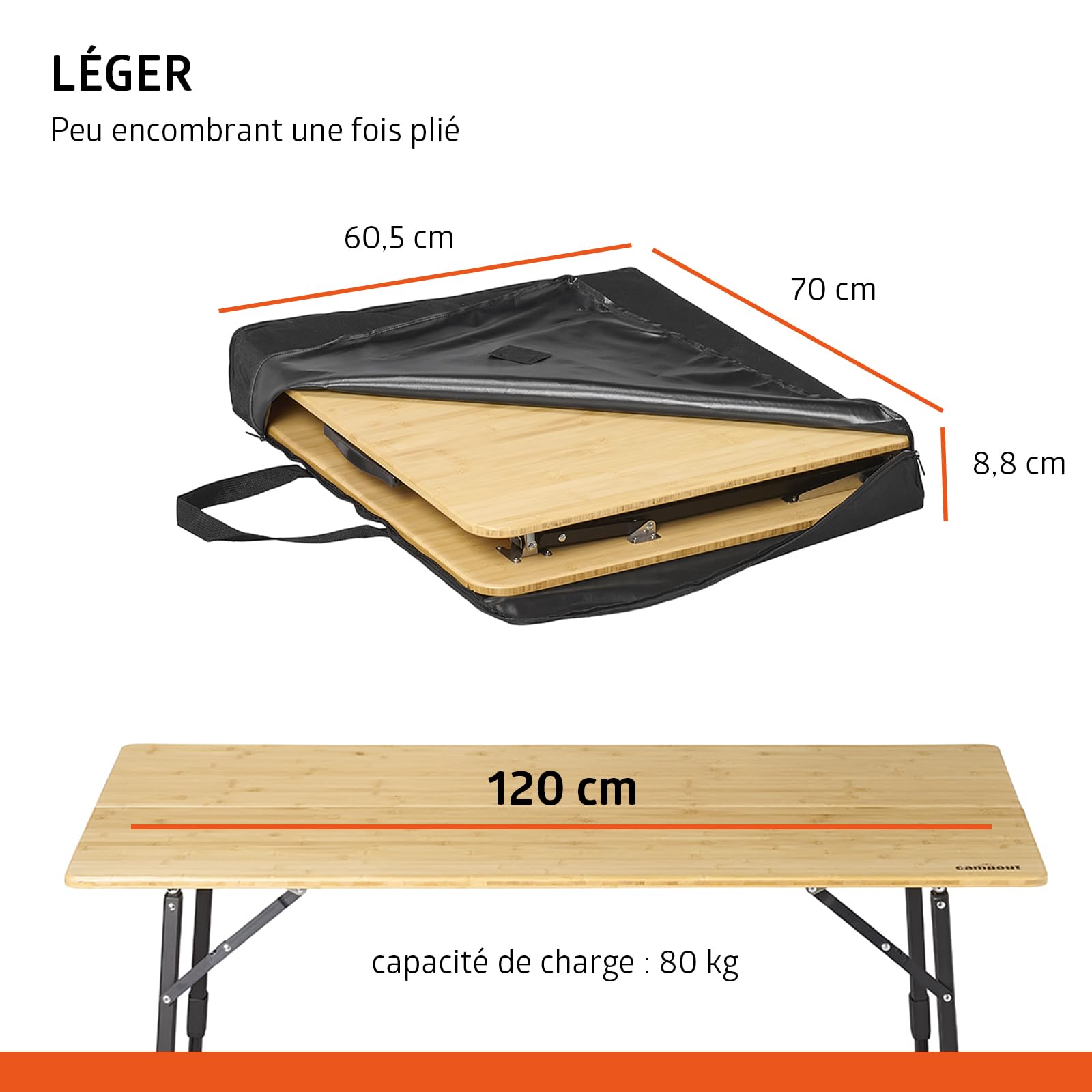 Campout Table de Camping Pliante 120 x 70 x 70 cm – Table Pliante Extérieur Réglable pour 6 Personnes – Poignée Intégrée – Bambou