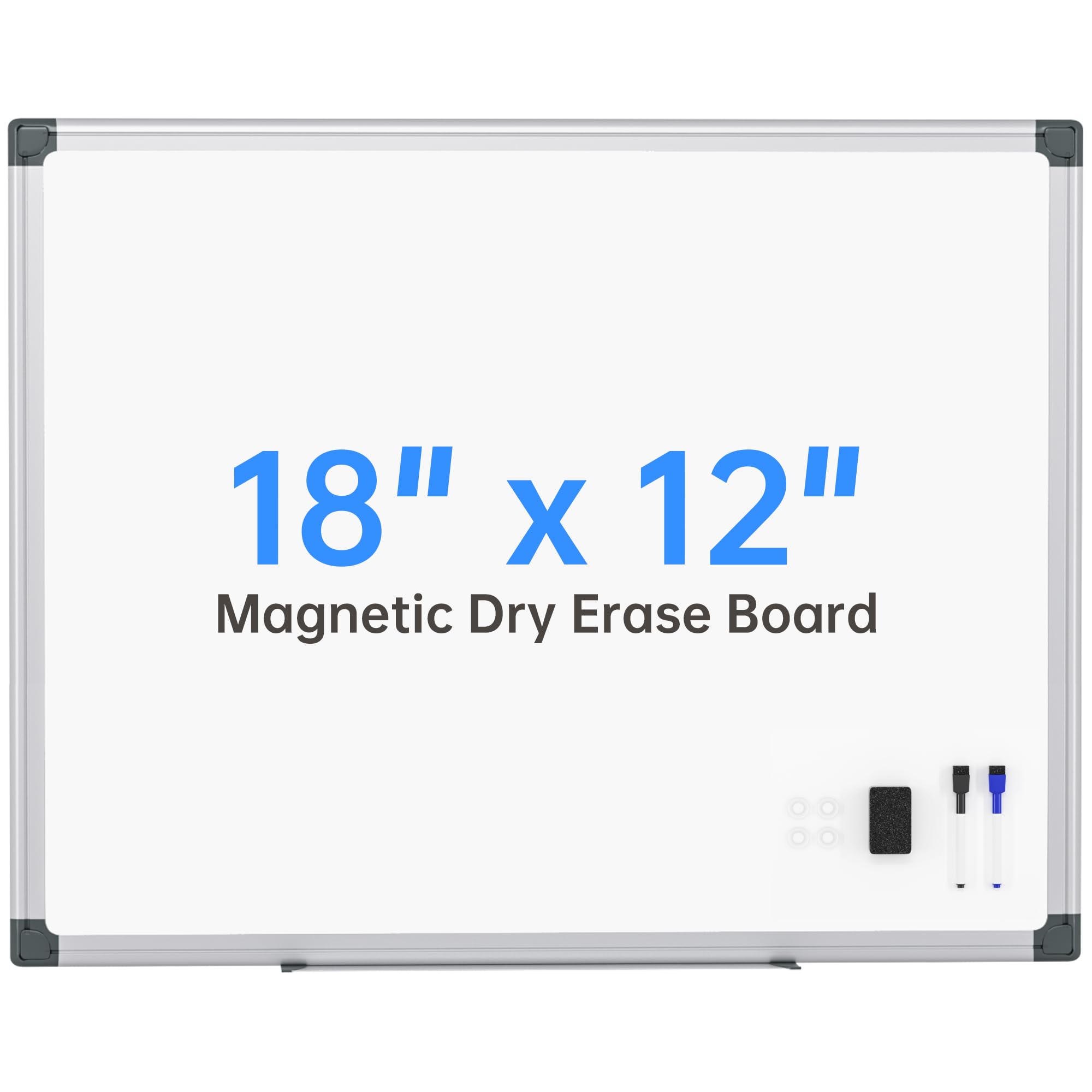 VUSIGN Magnetic White Board 18" x 12" with 1 Dry-Erase Eraser, 2 Multicolor Marker, 4 Magnetic Pins, Sliver Reinforced Aluminum Frame for Office, Home