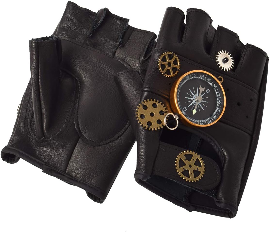 GRACEART Gants Steampunk Gothique Sans Doigts – Cuir PU Engrenages & Crânes Oiseaux
