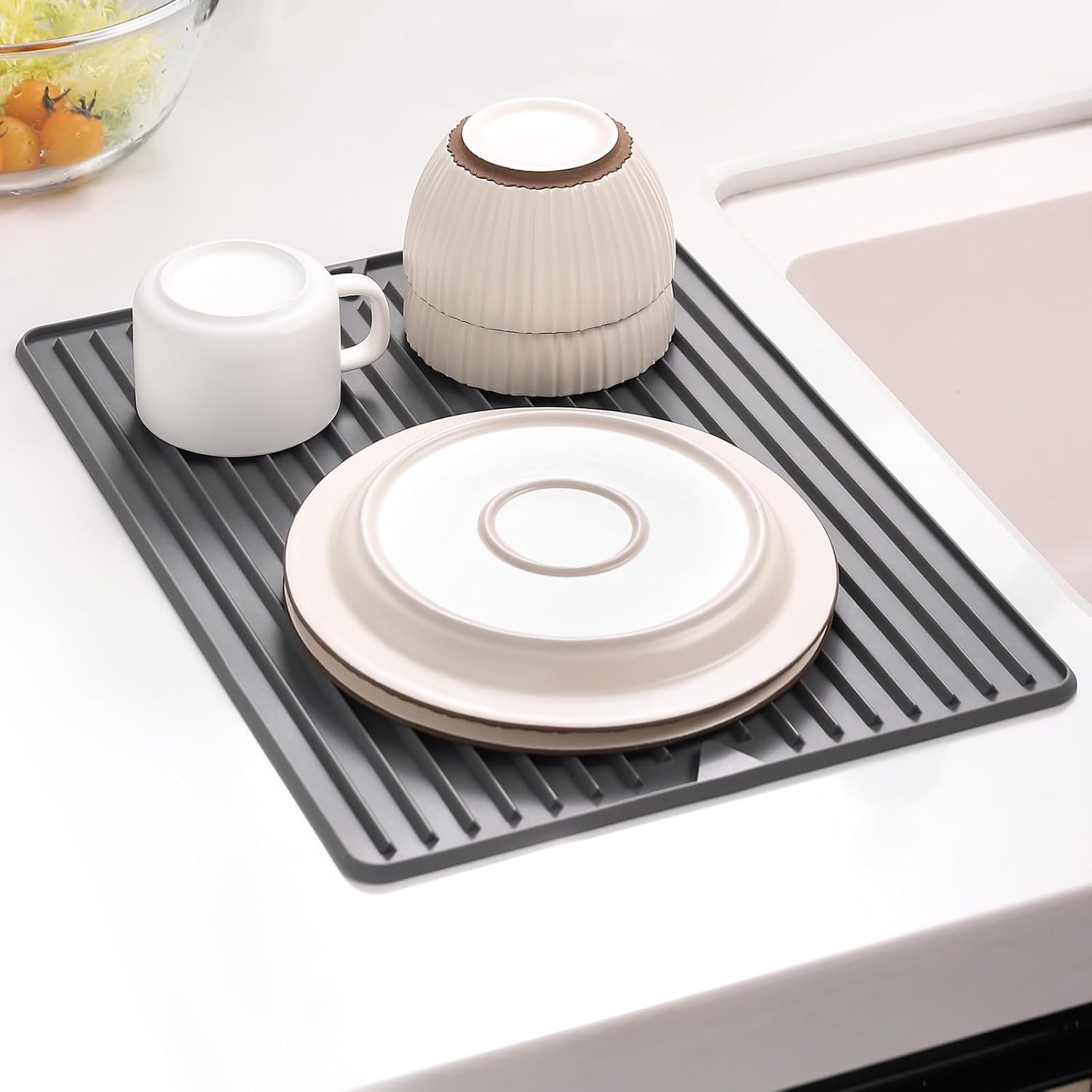 Dish Drying Mat, Flexible Silicone Drying Mat for Kitchen Counter, Heat Resistant Silicone Trivet for Countertop Protector, Super Thick Non-Slip Dish Drying Pad for Under Rack, 12” x 16”