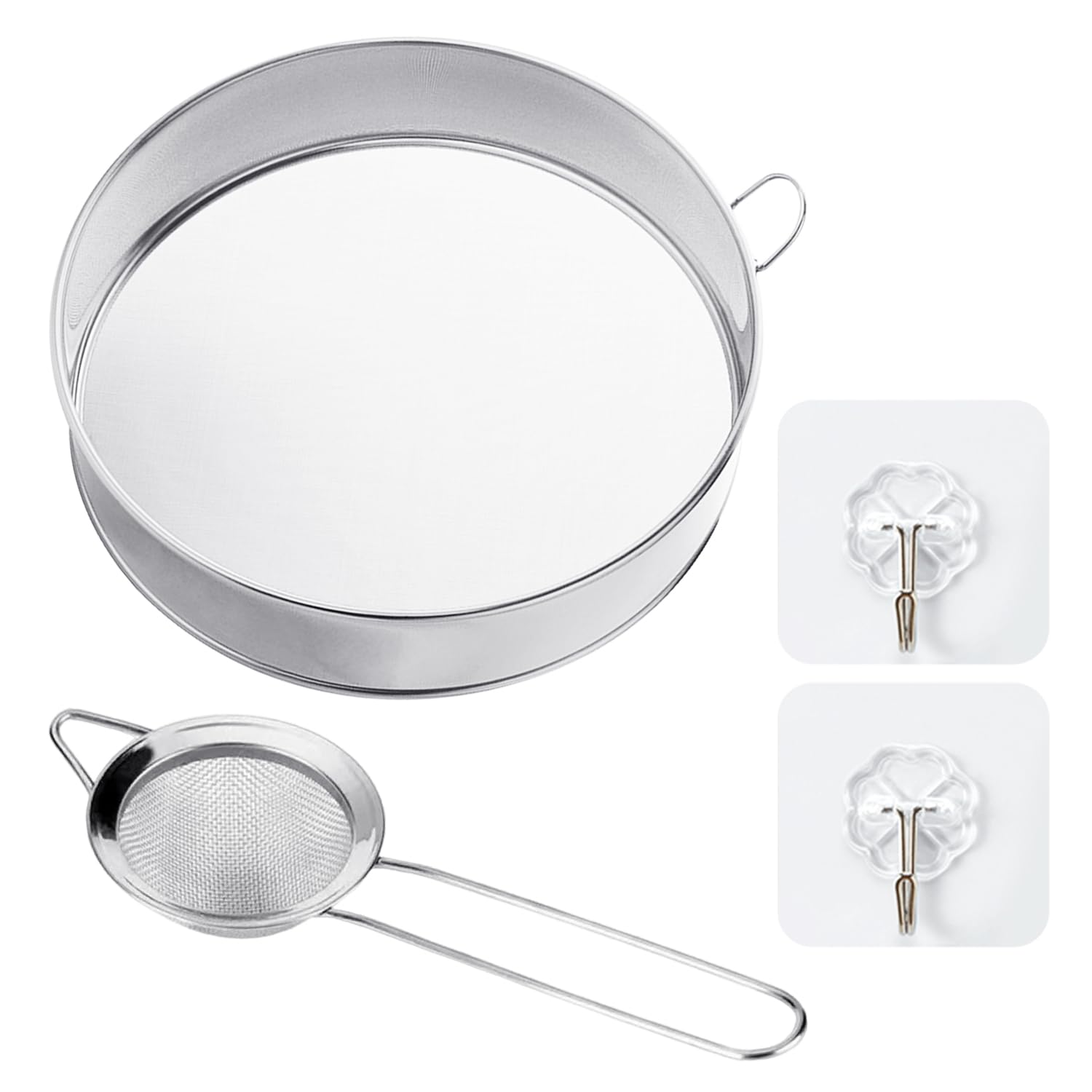 Kit Tamis Farine Inox - 1 Tamis 20,3 Cm + 1 Petite Passoire + 2 Crochets Acrylique - Pour Pâtisserie Précise - 6