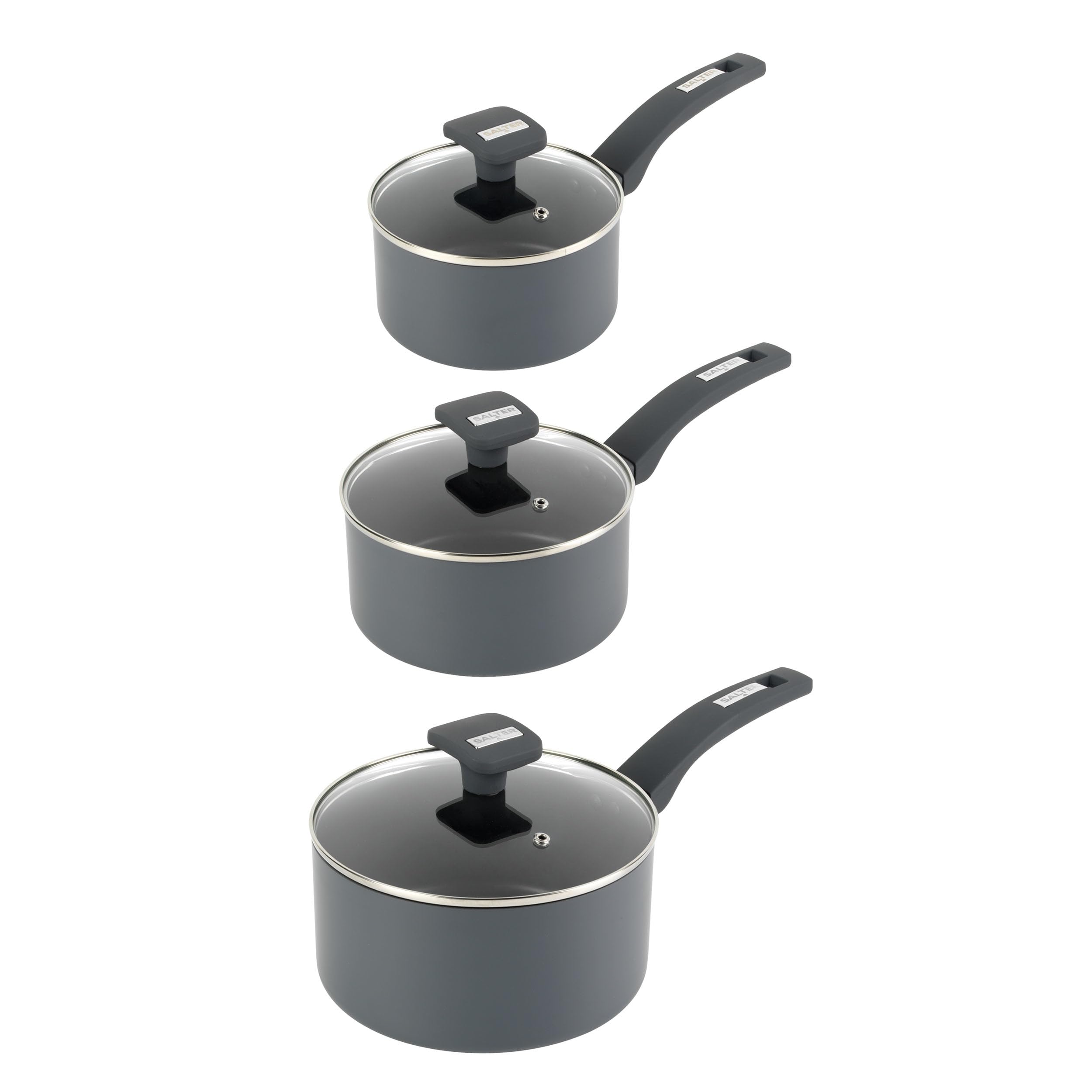Salter Alto 3 Piece Saucepan Set – 16cm, 18cm & 20cm Non-Stick Saucepans with Glass Lids, Recycled Pressed Aluminium, Induction Suitable, Cool-Touch Bakelite Handles, PFOA-Free