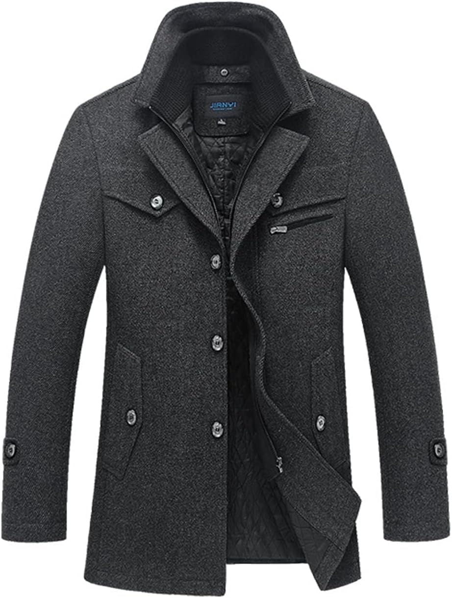 Tebreux Men's Winter Pea Coat Slim Fit Single Breasted Short Wool