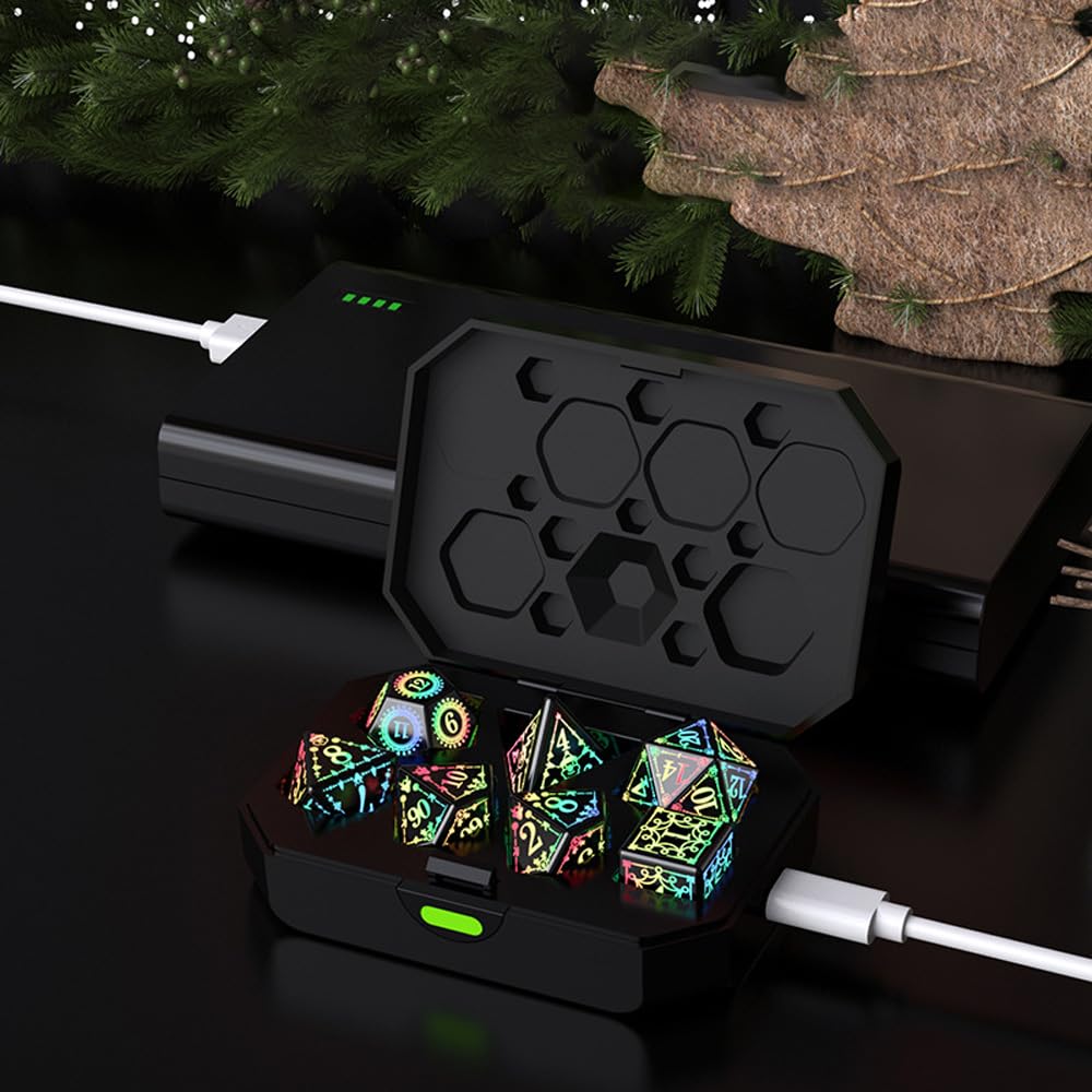 Namvo Set di 7 dadi DND ricaricabili con scatola di ricarica, dadi elettronici LED, dungeons and dragons polieder per giochi da tablet, DND, MTG, gioco di ruolo Pathfinder