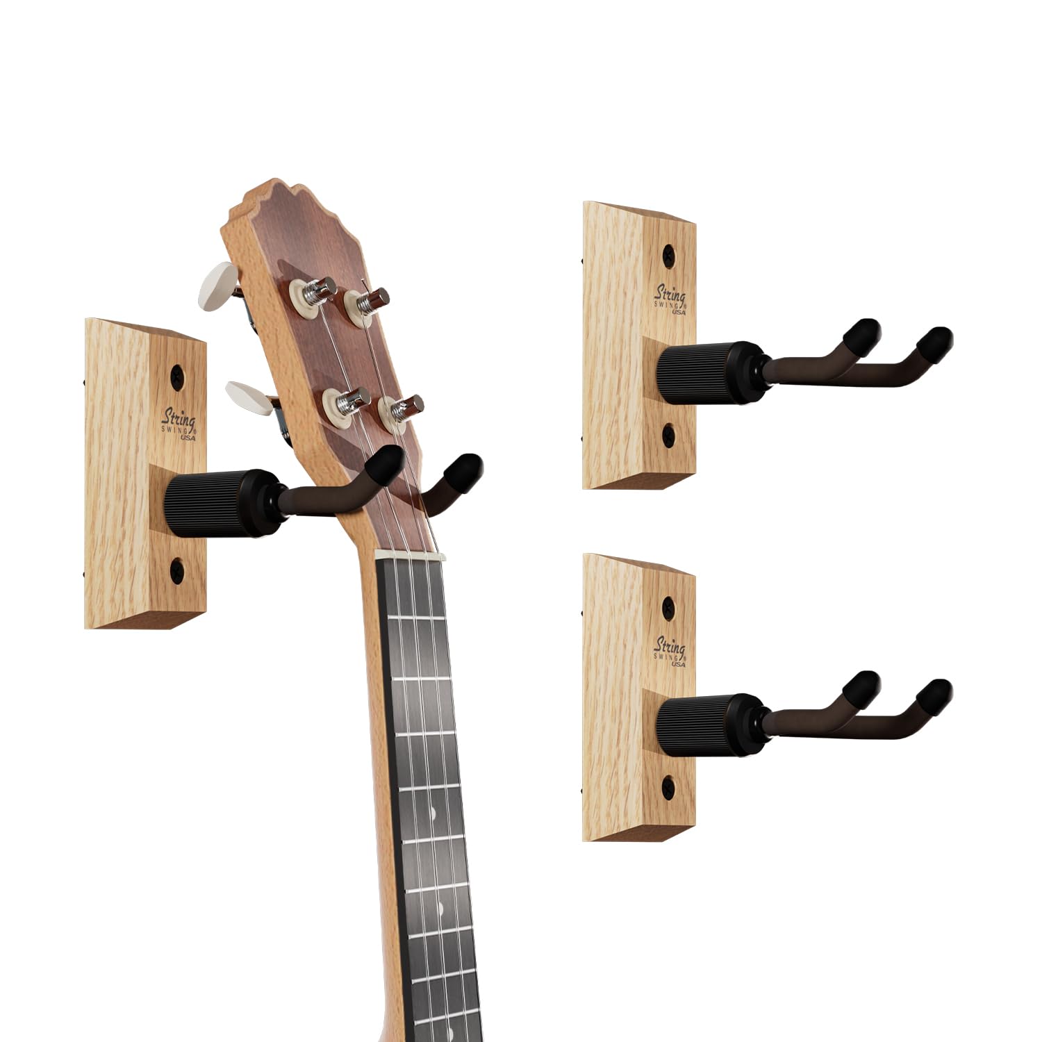 String Swing Ukulele Wall Mount Stand for Mandolin Uke Concert Pineapple Soprano Tenor and Baritone Compatible Case Alternative Kit for Home or Studio – Oak Hardwood (3 Pack)