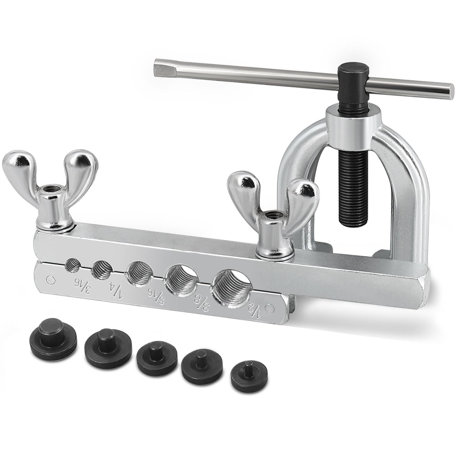 Flexzion SAE 45 Degree Double Flare Brake Line Flaring Tool Kit with (3/16, 1/4, 5/16, 3/8, 1/2") Adapters Dies Automotive Copper Steel Aluminum Brake Fuel Hydraulic Line Tubing Fitting Case Set