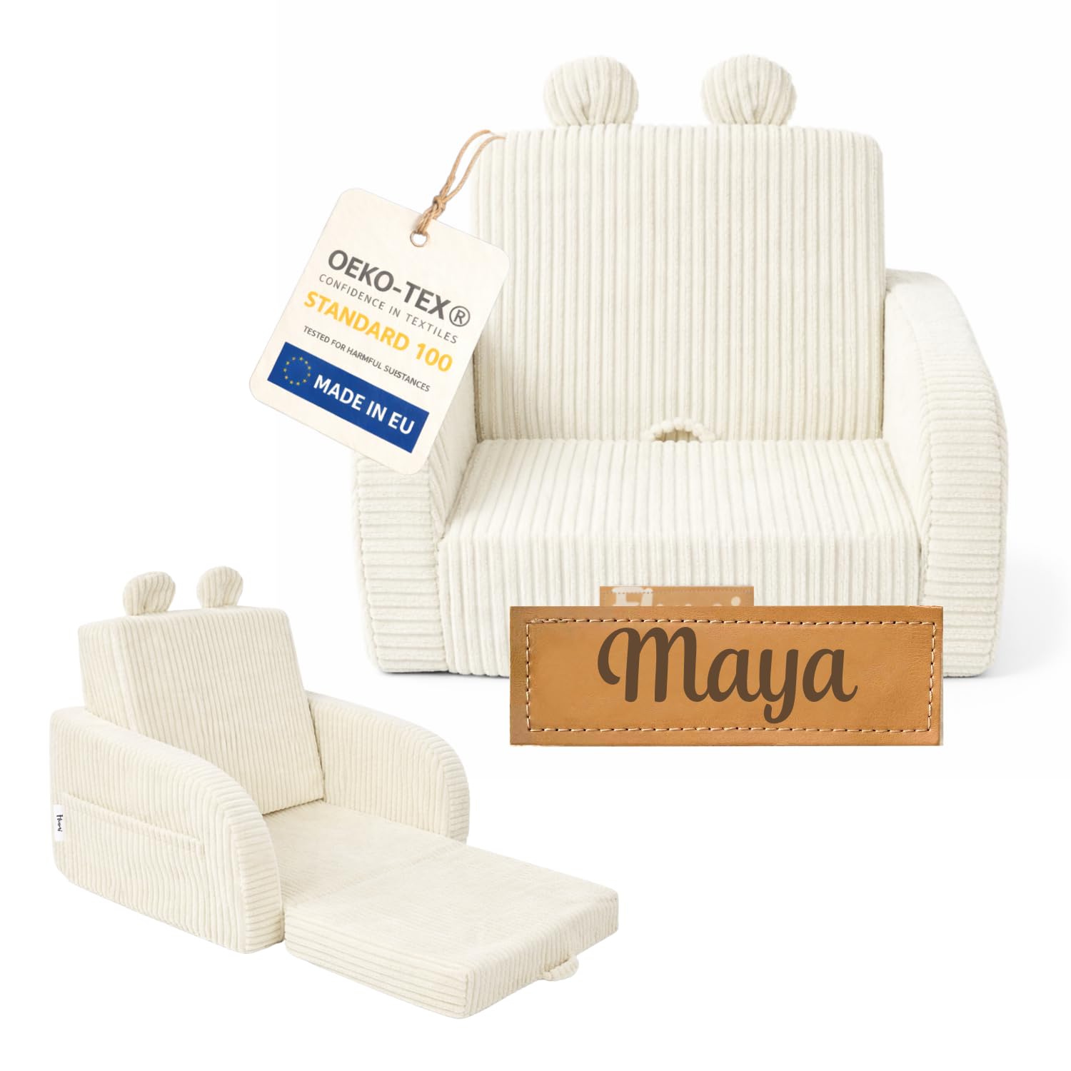 Flumi Fauteuil Enfant Mousse Convertible personnalisé 2 en 1 avec prénom, canapé Enfant dépliable pour Chambre bébé ou Enfant, Housse Amovible Lavable (Velours côtelé crème)
