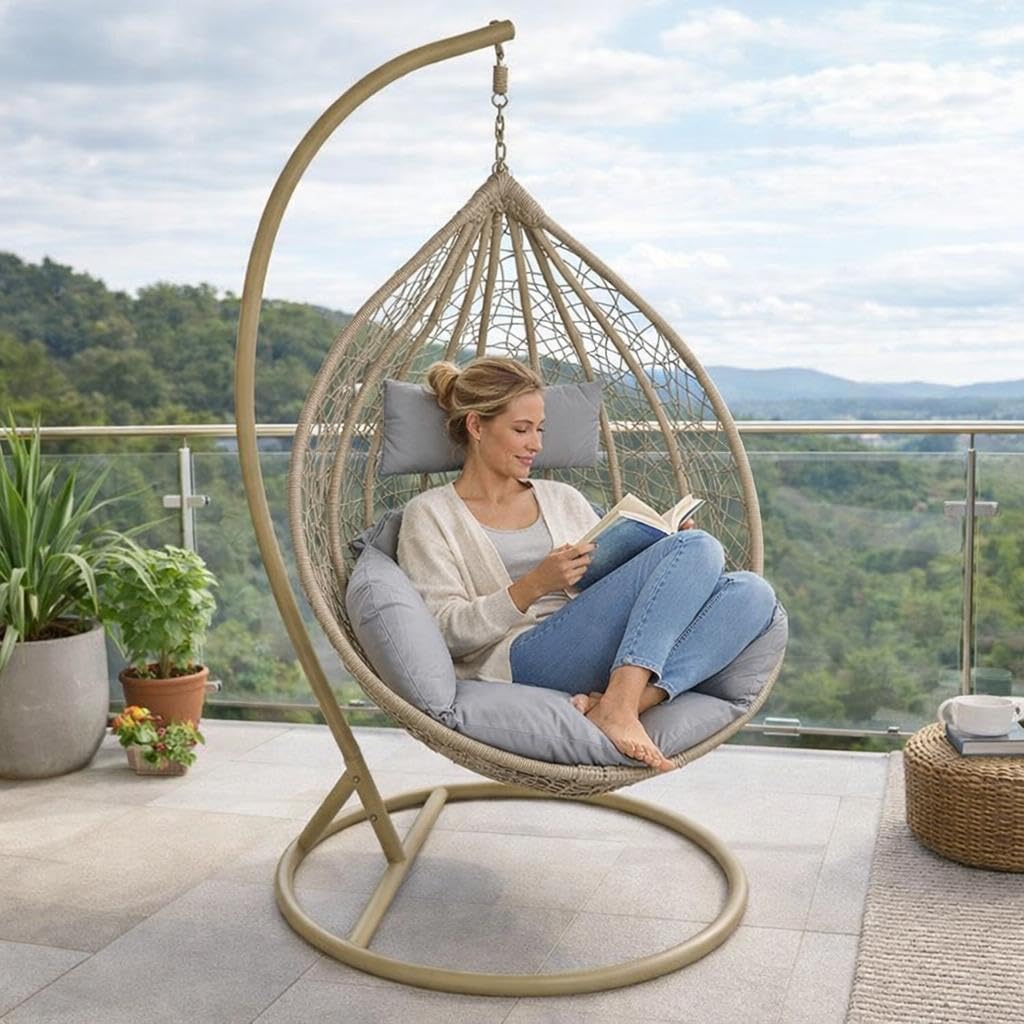 ESTEO Hängesessel mit Gestell Polyrattan Hängekorb Rattan Hängestuhl Hängesitz Beige/Grau