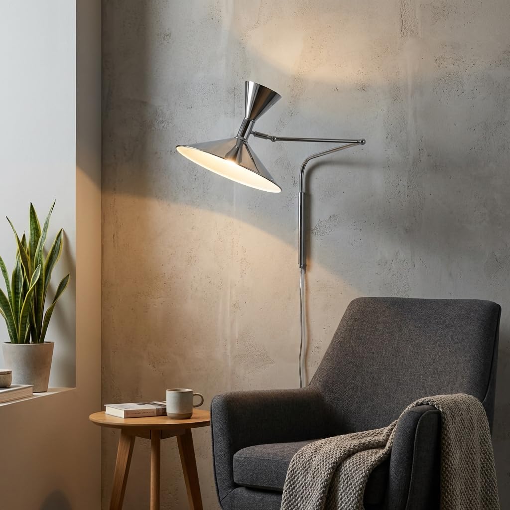 BARCELONA LED Lampada da Parete Industriale Grande 40 cm, Applique a Braccio Articolato, Stile Vintage e Moderno, Paralume in Metallo Cromato Interno Bianco, per Ristorante, Scale e Camera