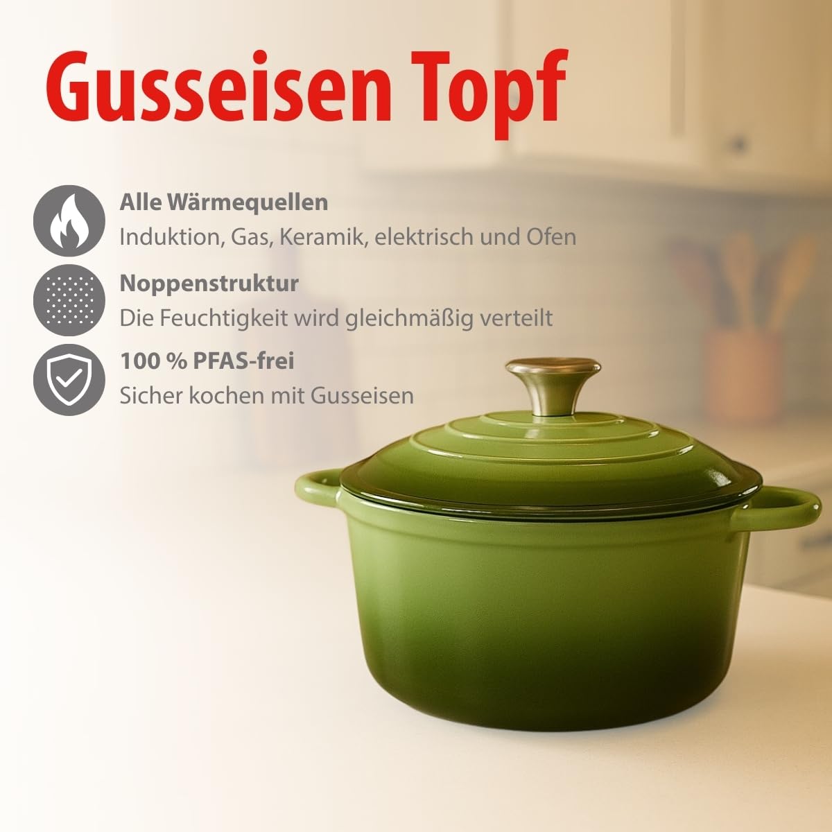 alpina Dutch Oven – Gusseisen Topf Induktion 3,8 L Ø 24 cm - Schmortopf mit Deckel – Gusseisen Bräter Spülmaschinenfest - für Alle Wärmequellen - Grün