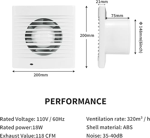 Miniatura 5 de HUGOOME Extractor de ventilación de 188 CFM, 18 W, 320 mh con interruptor de cadena de válvula de retención antirretorno, ventiladores de