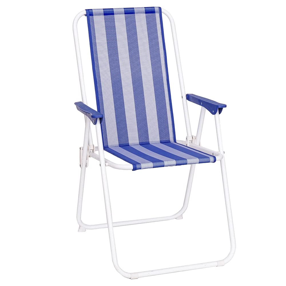 LOLAhome Silla de Playa Fija Plegable con Respaldo Alto Azul y Blanco de Hierro y textileno de 53x46x88 cm