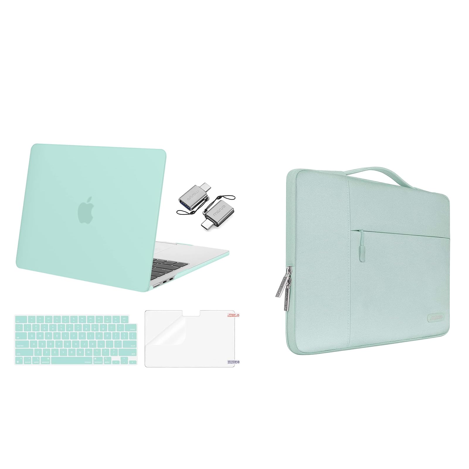 MOSISO Compatible with MacBook Air 13 inch Case 2024 2023 2022 M3 A3113 M2 A2681 Touch ID, Plastic Hard Shell&Keyboard Cover&Screen Film&Type C Adapter&Polyester Multifunctional Bag, Mint Green