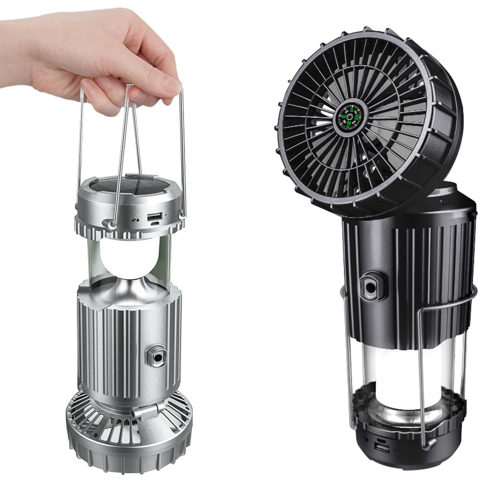 Lanterna da campeggio portatile a LED con ventilatore, ventilatore da campeggio solare di ricarica per telefono per tenda da campeggio, uragani, interruzioni di corrente, tempesta, per interni ed