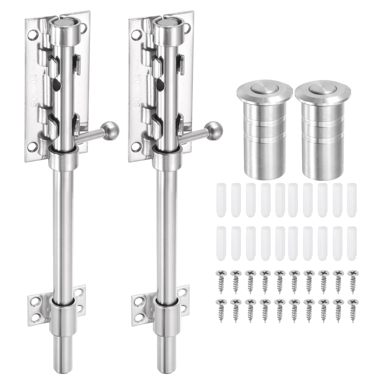 sourcing map 2-Pack Slide Bolt Latch, 8 in 304 Stainless Steel Barrel Bolt Latch Heavy Duty Door Latches Lock 14mm Dia Bar with Dust Container for Barn Wooden Fence Shed Door [Silver] — image 1