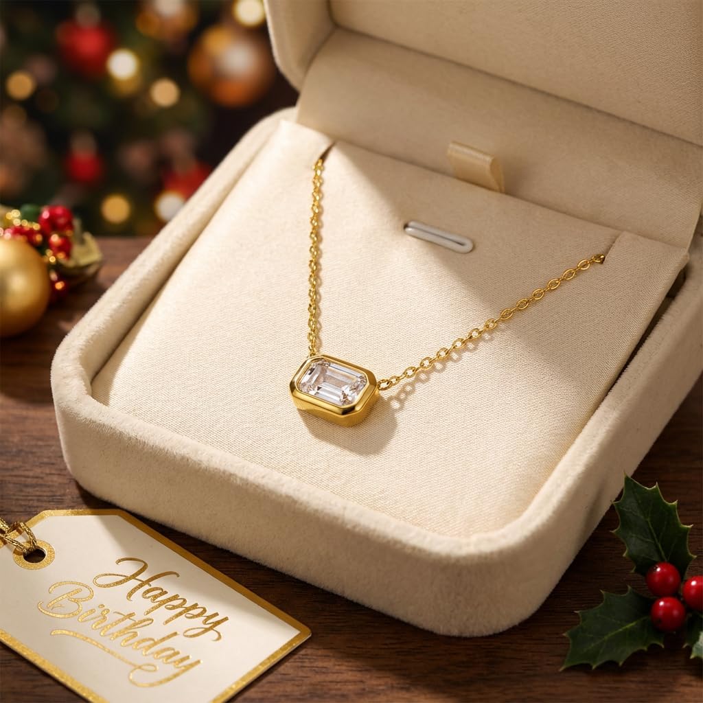 14K Gold Plated Birthstone Necklace for Women, Emerald Cut Pendant on Delicate Paperclip Chain, Dainty Jewelry Gift for Her, Birthday Anniversary Holidays - Image 5