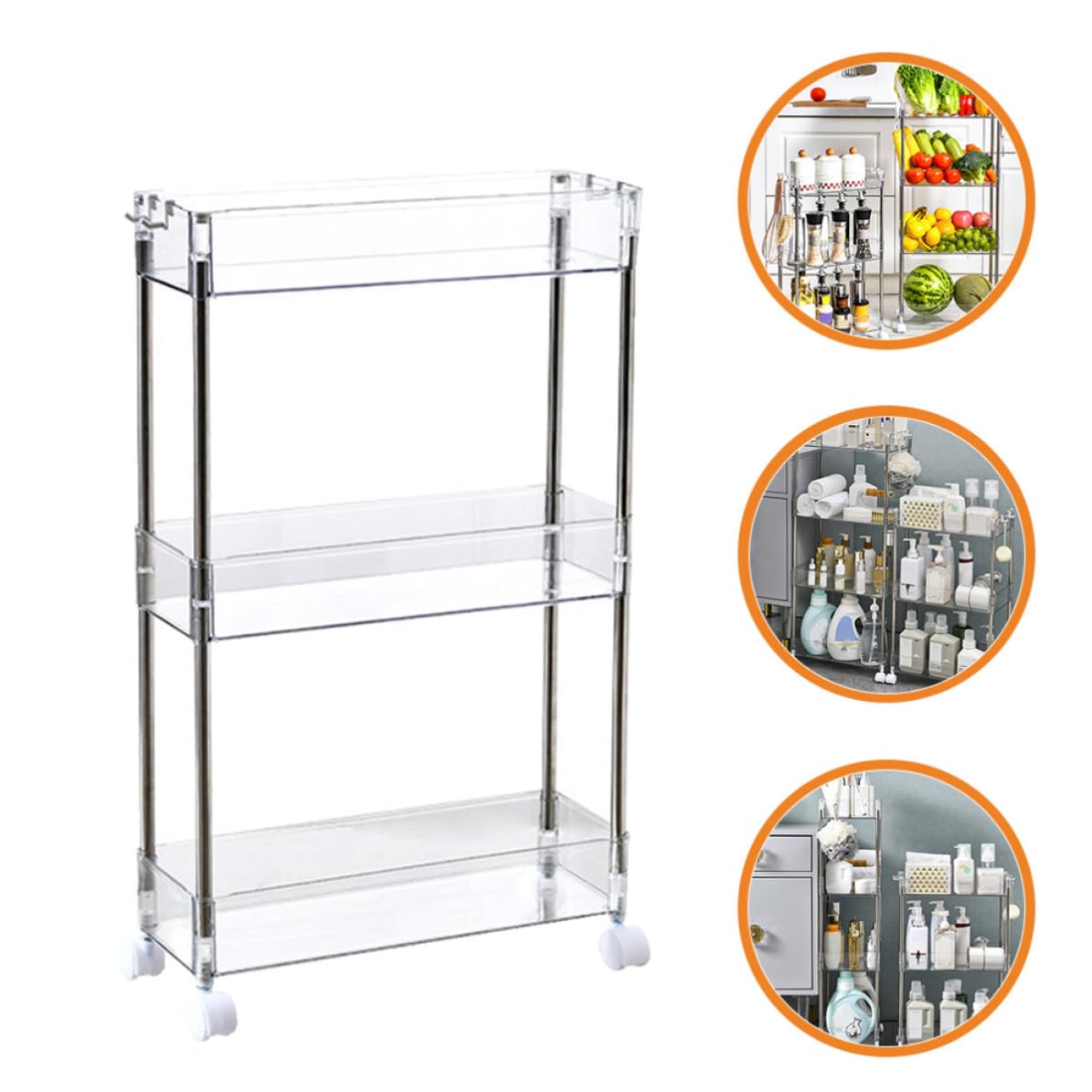 Kisangel Carro de Almacenamiento Rodante de 3 Niveles Pet Transparente | Acero Inoxidable, Diseño Transparente, para Cocina y Balcón, Apto para Snacks y Condimentos