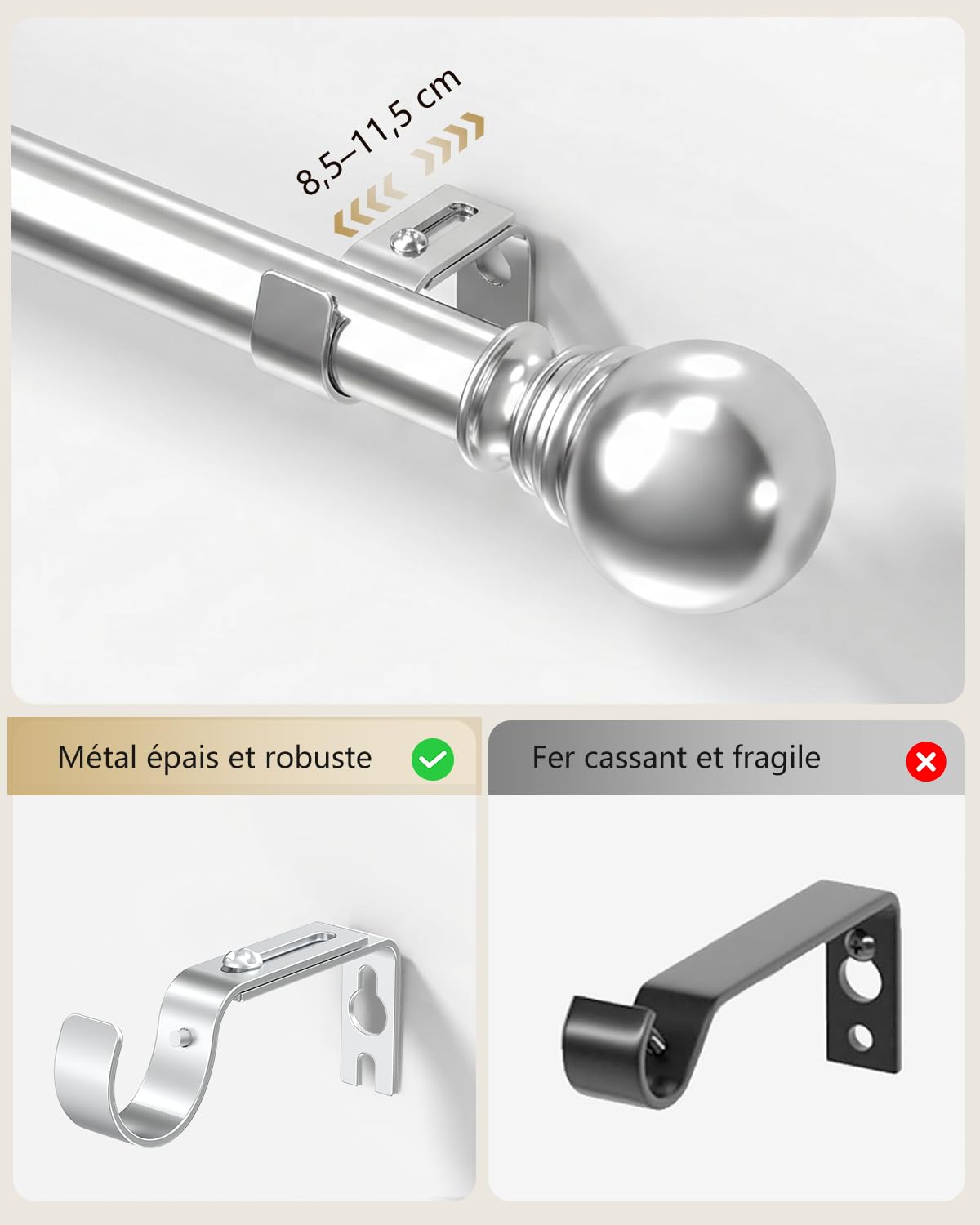 Tringle à Rideaux Argentée 66-417 cm, Ø25 mm, Extensible Réglable en Métal Robuste avec Supports et Embouts Décoratifs, Barre à Rideaux pour Fenêtre, Extérieur, Chambre, Cuisine et Salon