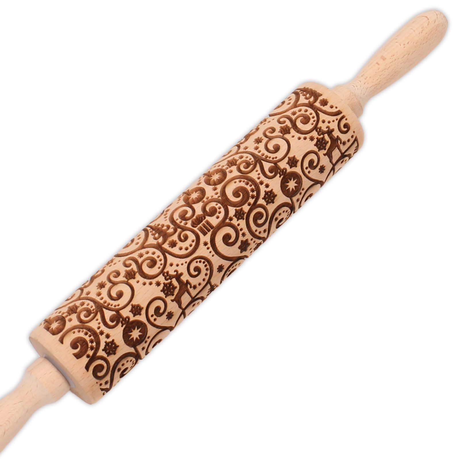 Rodillos de rodillo con diseño de reno floral en relieve para galletas, rodillo de madera grabado para hornear, rodillo de amasar con diseño, rodillo decorativo con patrón de arcilla