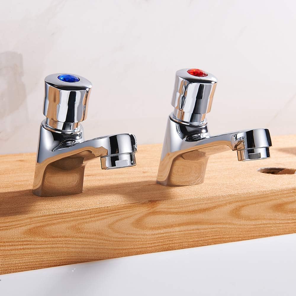 Jetcloud Pair Bathroom Sink Taps 1/2 Hot Cold Mixer Non Concusive Push Button Self Closing Lever Basin Tap Set Chrome Twin Press Water Toilet Faucet