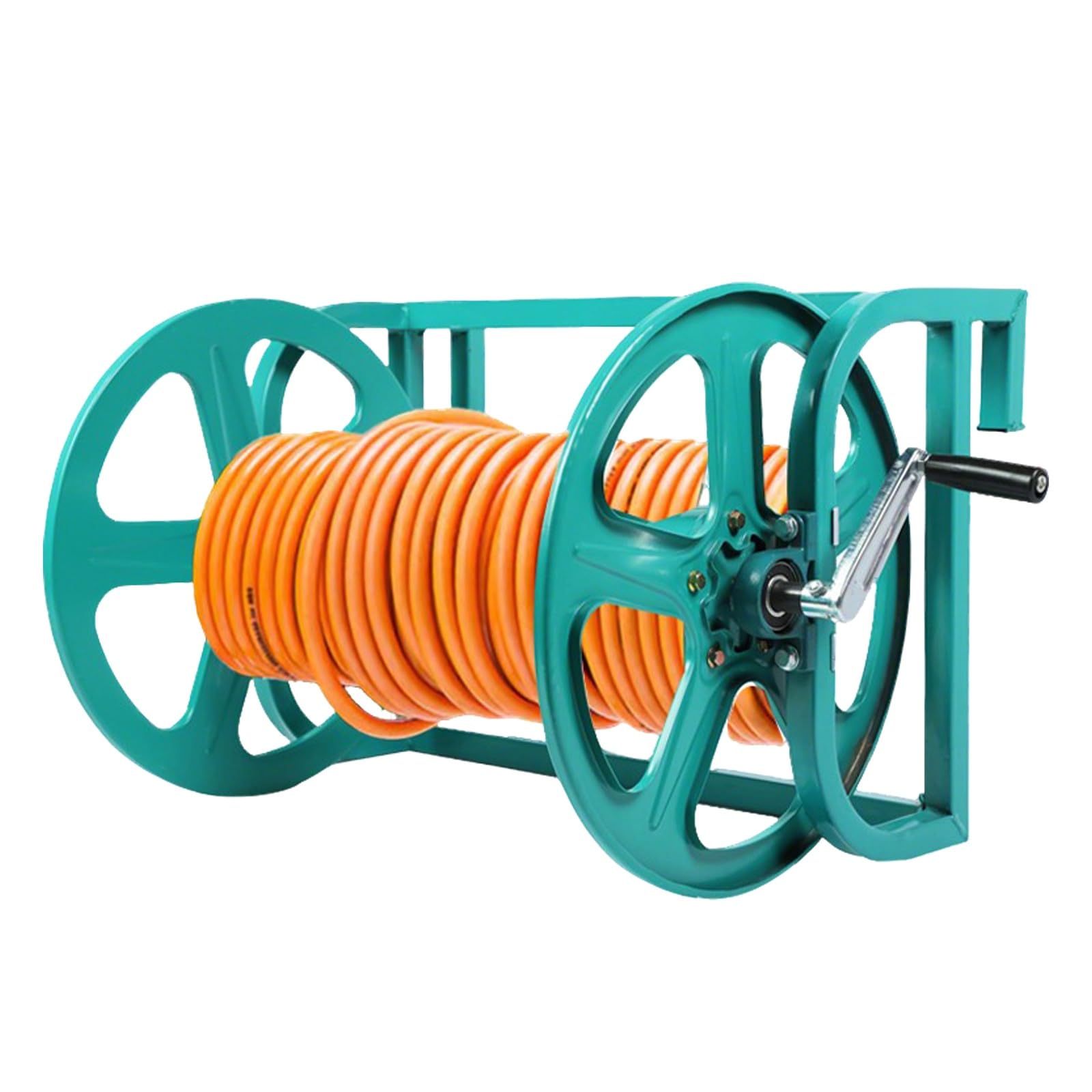 FORRTY Metall Landwirtschaftliche Schlauchtrommel, Handkurbel Schlauchaufroller,Gartenschlauch Schlauchtrommel Schwerlast,Wand/Boden/Ladeflächenmontage,Schlauchwagen for Autowäsche(5m Hose,100m)