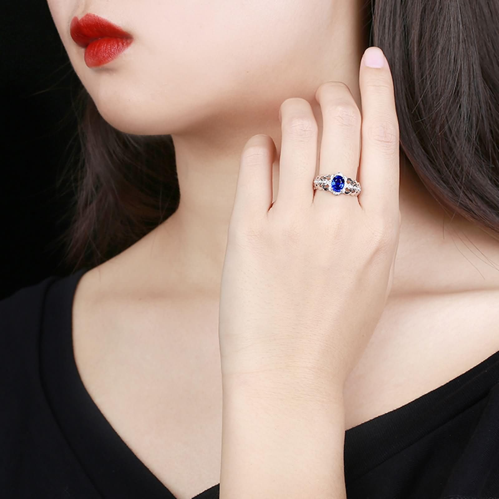 Daesar Anillos para Compromiso de Mujer con Hueco y Oval con Zafiro Creado de 1.1ct y Moissanita, Oro Blanco 9K/14K/18K, Anillos Alianza Plata Azul