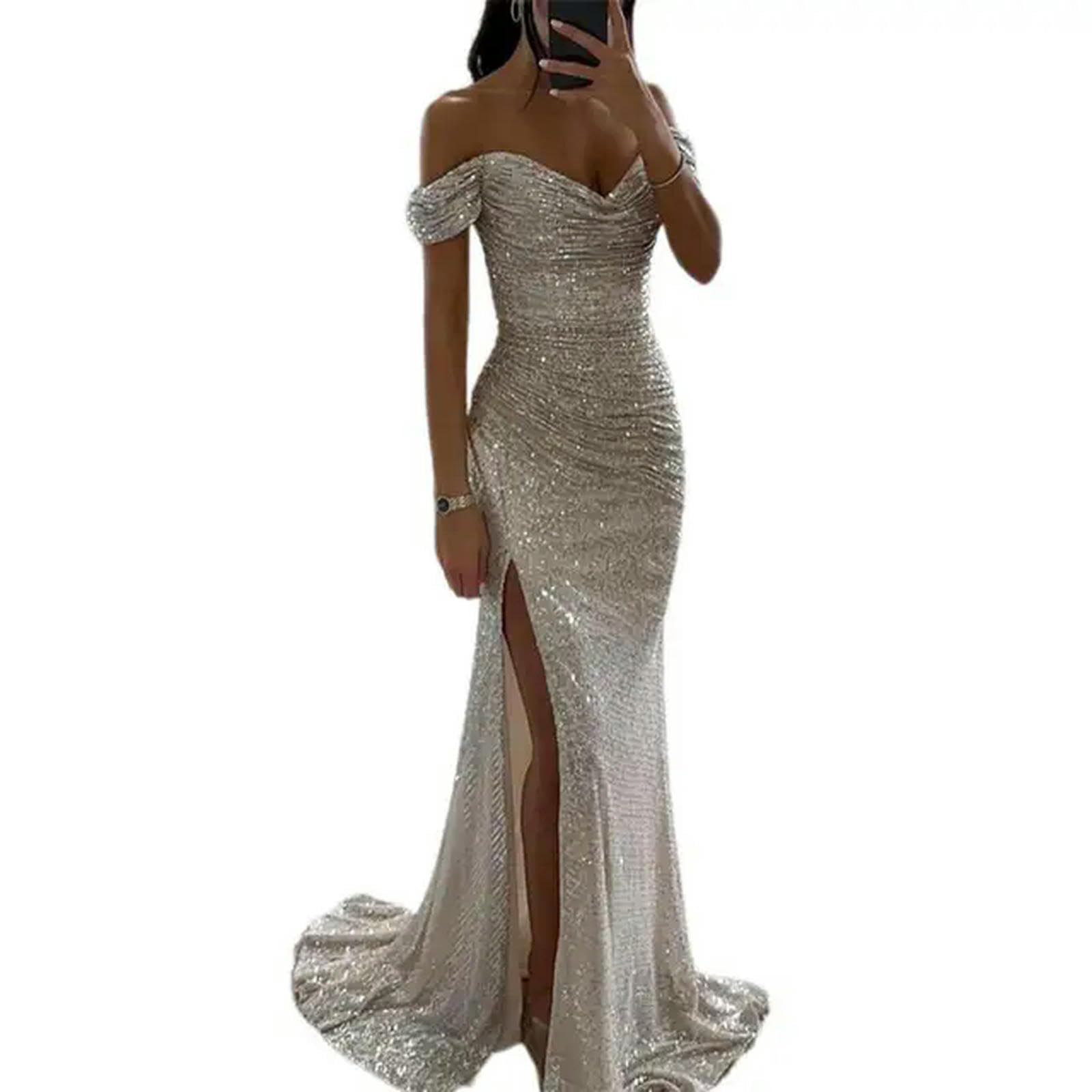 Sukienka z odkrytymi ramionami, elegancka cekinowa sukienka maxi z dekoltem w serek, na wieczór, studniówkę, z odsłoniętymi ramionami, wąska, rozcięta, długa sukienka