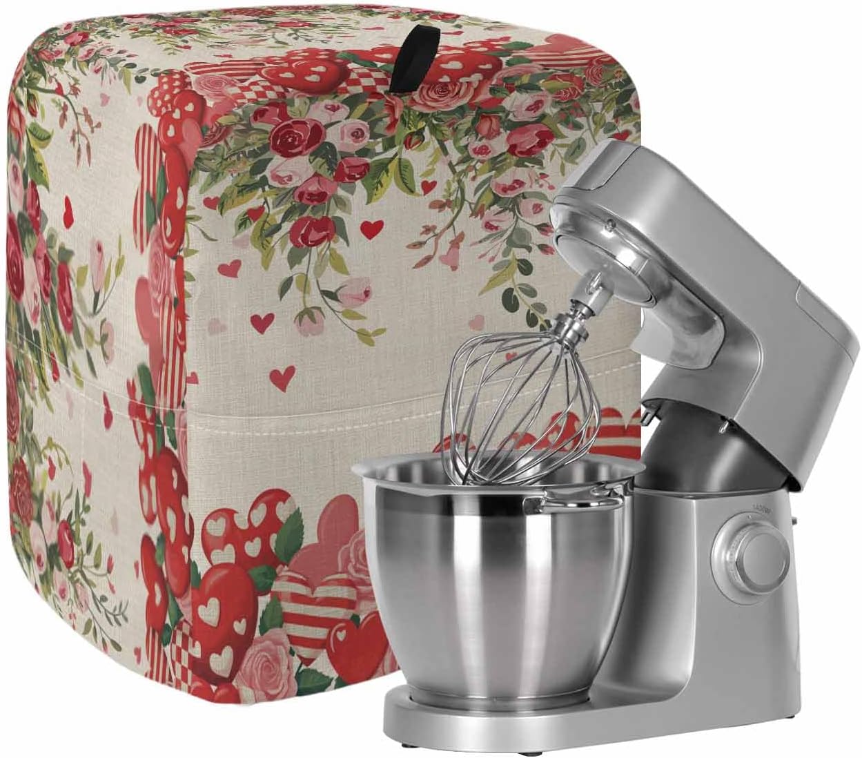 Valentine's Day Stand Mixer Cover with Storage Pocket, Waterproof Kitchen Mixer Covers, Spring Red Love Roses Floral Botanical Beige Kitchen Appliance Dust Cover Compatible with 5-8 Quart Mixers