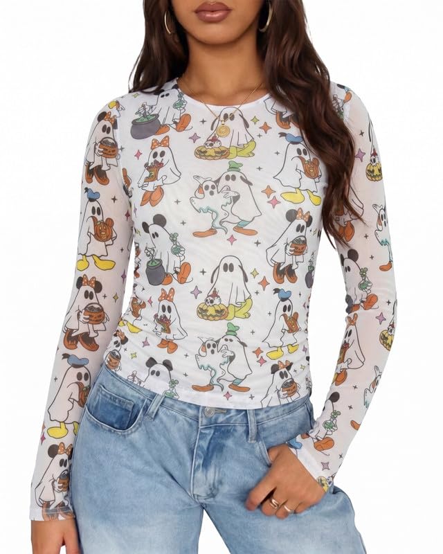 Image of Halloween Shirt Women Spooky Season See Through Mesh Long Sleeve Top
