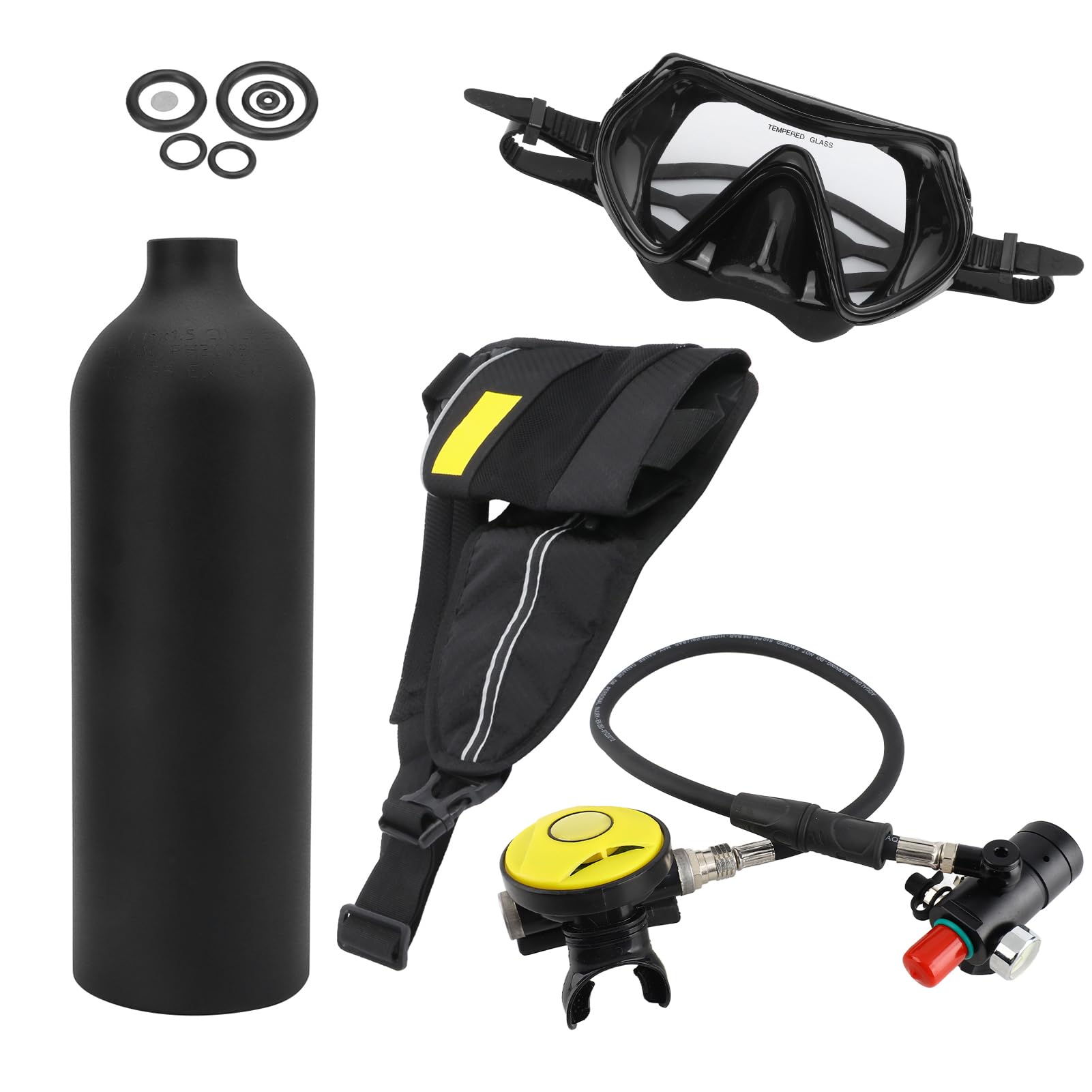 Set Bombola da 1 Litro, Mini Set da Immersione con Valvola di Sfiato e Occhialini da Sub con Cinturino per Immersione per Esplorazione Subacquea (Black)