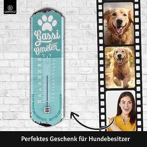 LANOLU retro Blechschild Thermometer GASSI THERMOMETER analog Hunde Deko Garten Vintage Schilder - Blechschild Hund - Hundeliebhaber Geschenke 8x28 cm