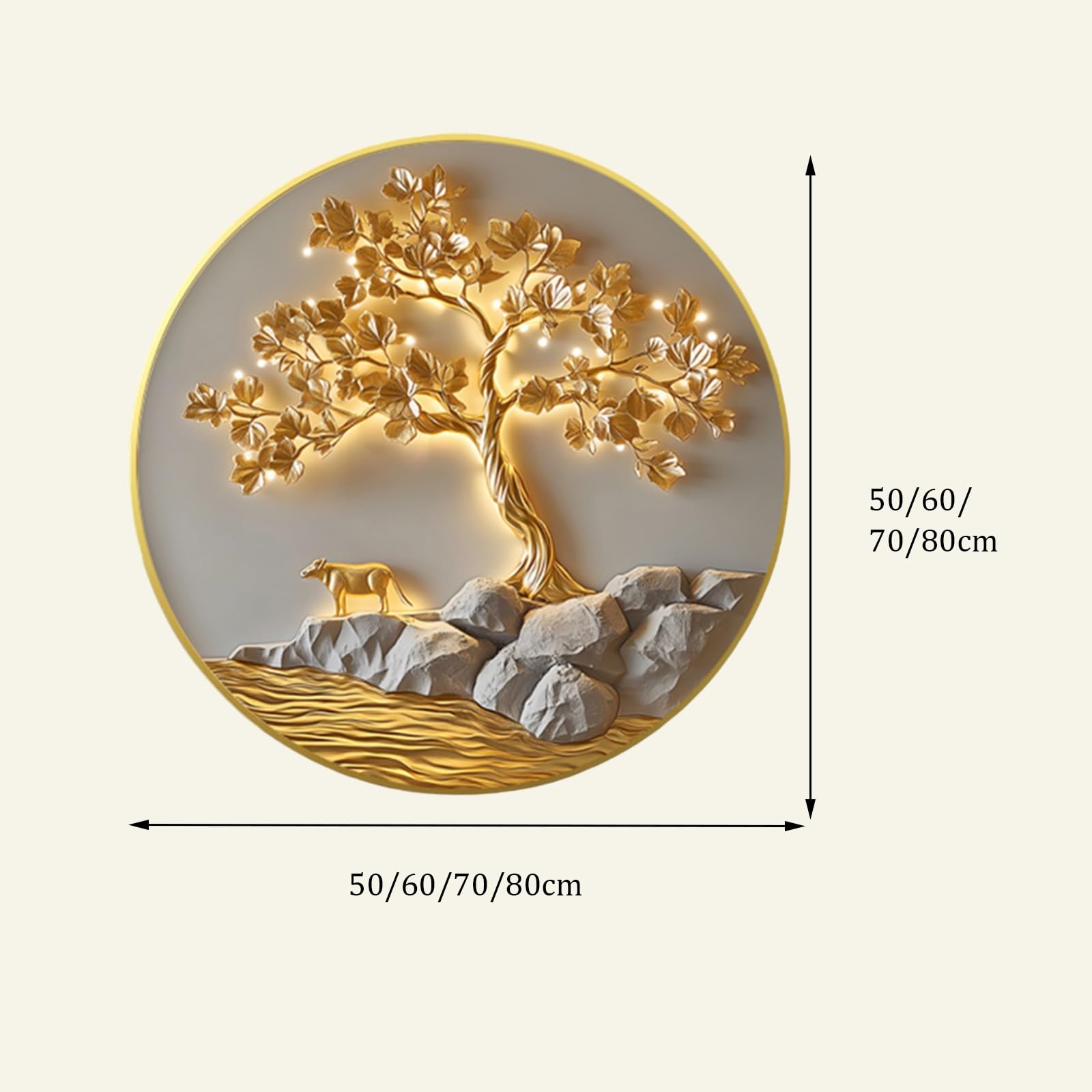 3D-Wandkunst Mit LED-Beleuchtung, Wandskulptur-Bild Mit Kristall-Porzellan-Finish Und Aluminiumrahmen, Glücksbaum-Wandleuchte Für Eingangsbereich Und Treppenhaus(B,70cm)