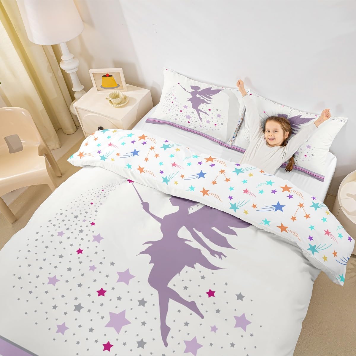 Homewish Fairy Girl Single Duvet Cover Set Lilac Purple and Grey Stars Toddler Bedding Set for Kids Girls Teens Elegant Fairy Quilt Cover White Violet Bed Sets - Image 3