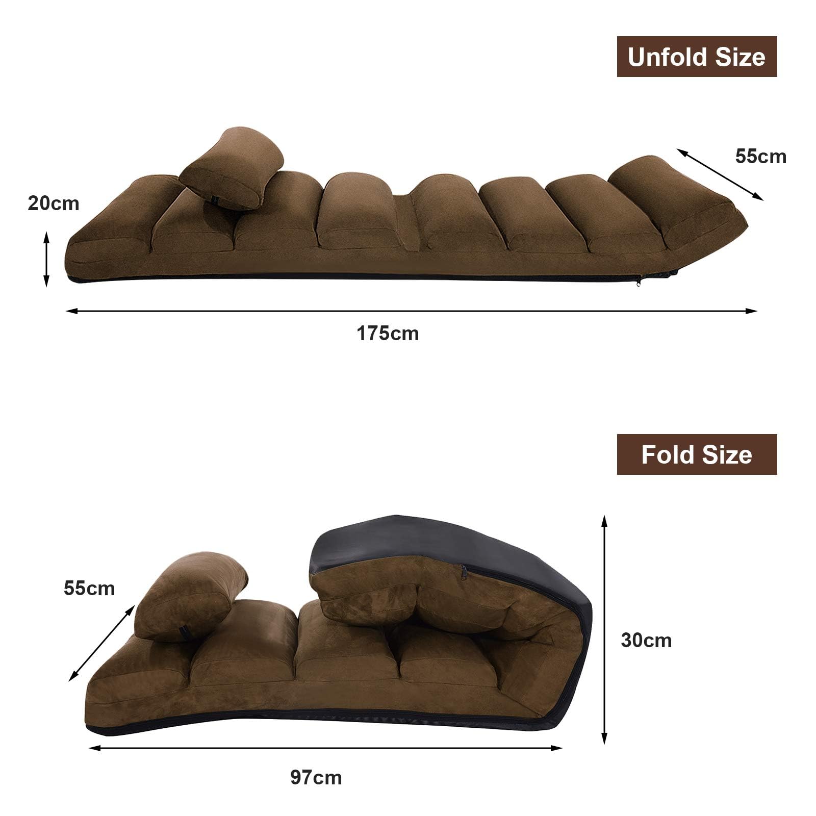 LIFEZEAL Sillón Relax Ajustable en 5 Posiciones, Sofá Relax de Suelo Plegable, Sofá Perezoso de Gamuza y Tejido Poliéster, Tumbona de Relajación con Capacidad de Carga de 120 KG (Marrón)