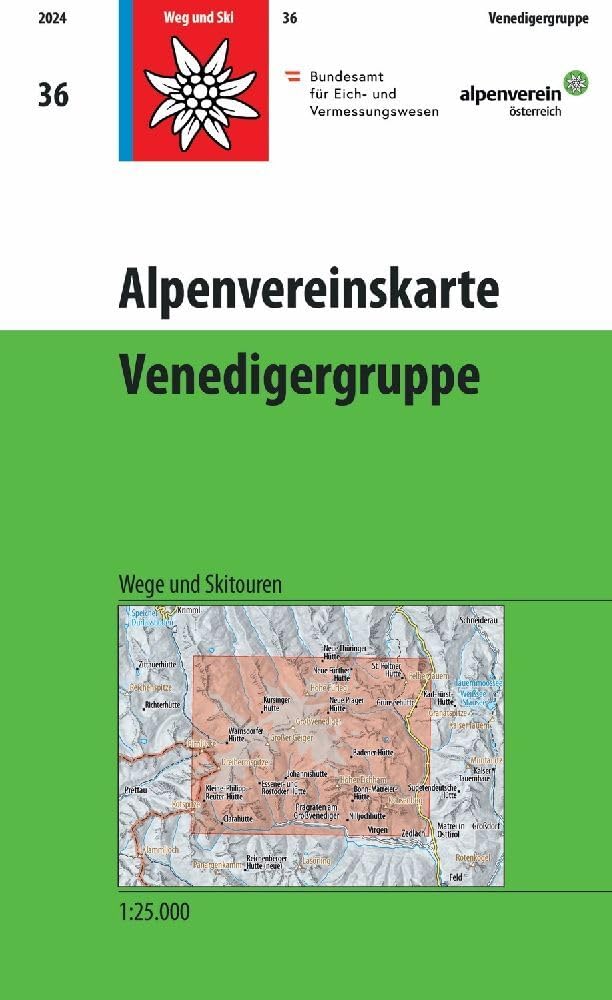 Venedigergruppe: Topographische Karte 1:25.000 mit Wegmarkierungen und Skirouten: 36/WEG
