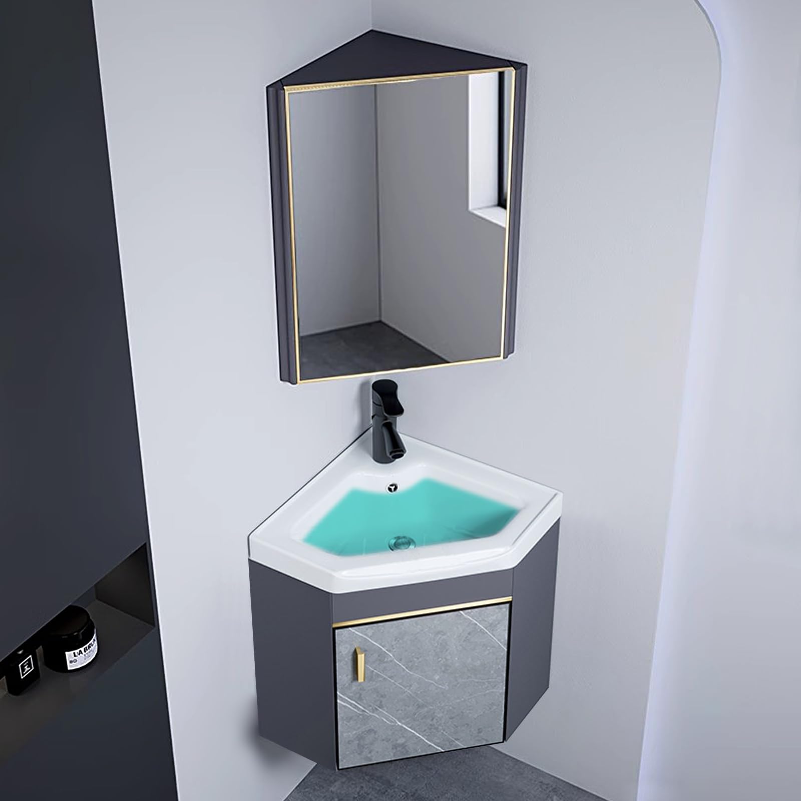 DFGHNBVC Wall Mounted Corner Vanity Cabinet With Sink And Medicine Storage, Space-Saving Design For Bathroom, Kitchen, And Laundry Rooms,38Cm/15In
