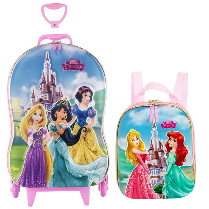 KIT MOCHILA DE RODAS + MOCHILA DE COSTAS PRINCESAS CASTELO