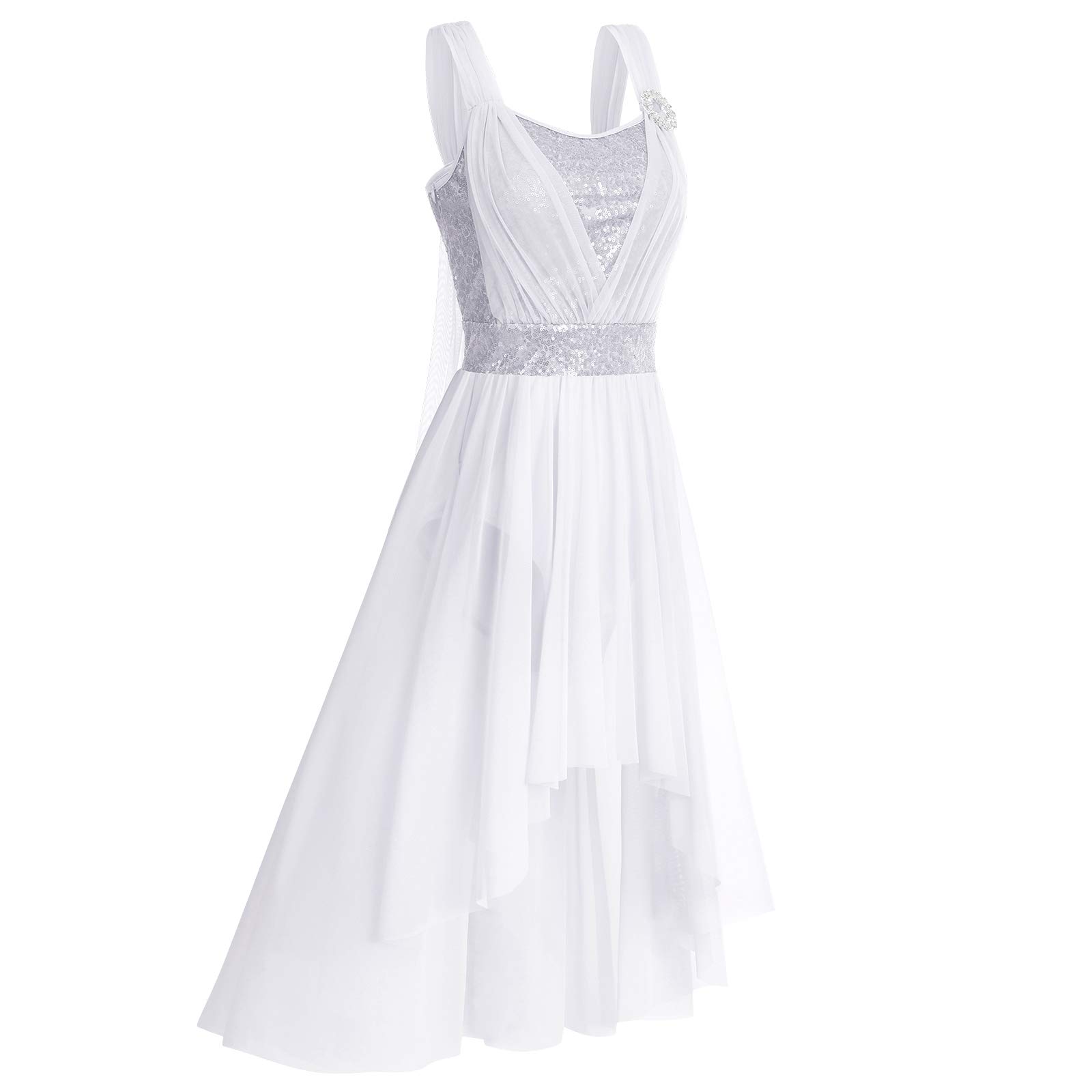 OBEEII Femmes Élégante Robe de Danse Lyrique sans Manches Fronde Paillettes Justaucorps Jupe Performance Costume Ballet Fluide Longue Robe en Mousseline de Soie