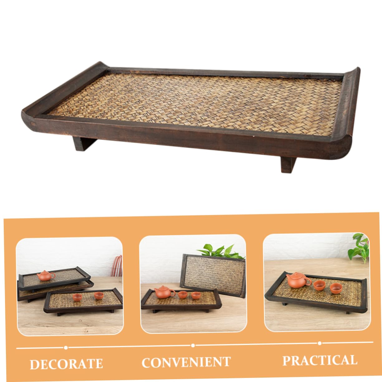 Alipis Bandeja De Ratán De Madera Rectangular para Servir Té y Comida Bandeja para Guardar Tazas Salón De Belleza y Restaurante