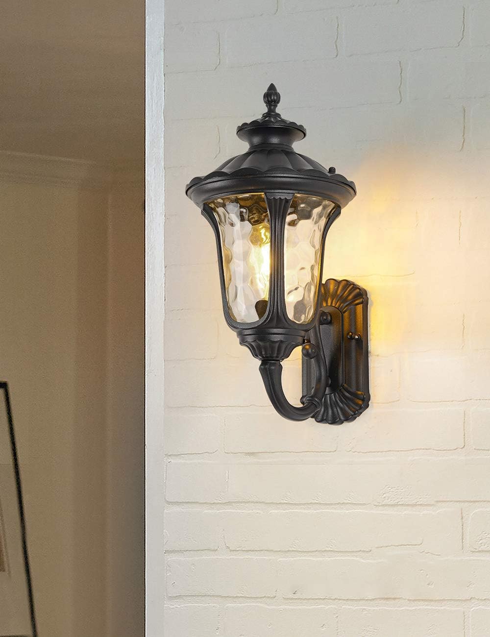 🔥 Flаѕh Sаlе Outdoor Wall Light Black Aluminum Finish with Clear Hammered Glass, Scroll Traditional Outdoor Housing Light, IP65 Waterproof Exterior Wall Light Fixture for Front Door, Garden Or Backyard, 18.50H