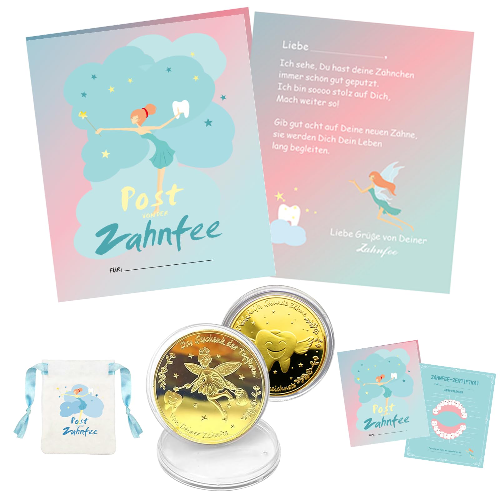 GAROMIA Zahnfee Geschenk Kinder Goldene Gedenkmünze Münze ZahnfeeBrief Urkunde Zahnfee Geschenke Mädchen Jungen Überraschung beim Zahnverlust