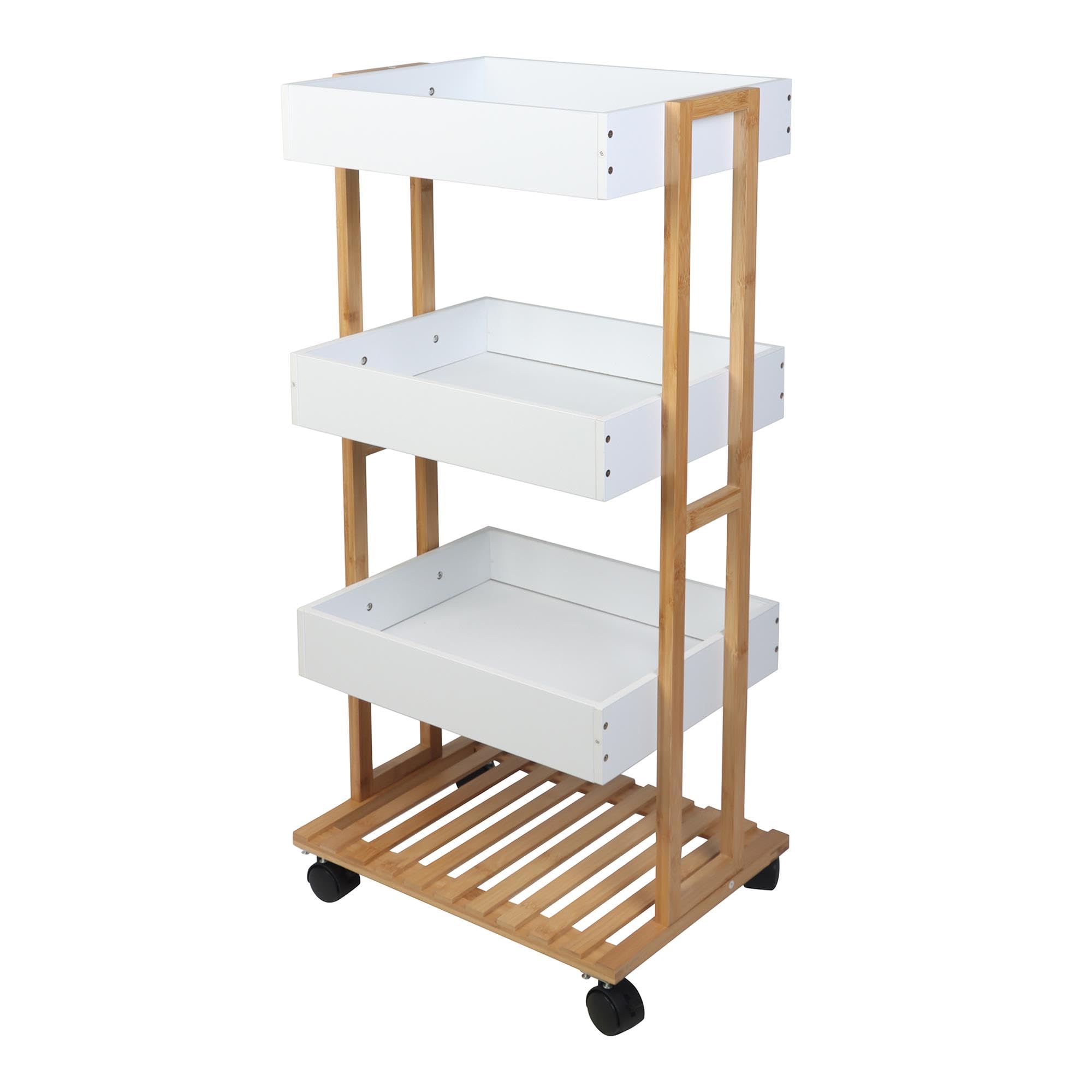 Well Home Carrello portaoggetti in bambù con 1 ripiano e 3 vassoi di colore bianco 40x30x87,5cm