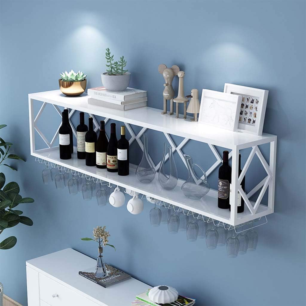 Cantinetta galleggiante da bar con ripiani a parete, portabottiglie multifunzionale in ferro e rastrelliera per calici da vino invertita con partizioni semplice da appendere bianco 100 x 25 x 40 cm
