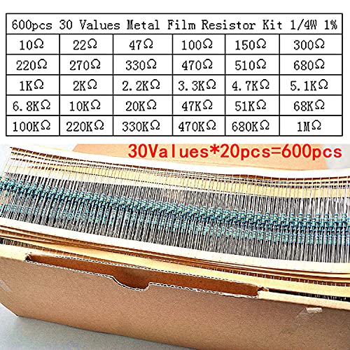 Kit Resistori Assortiti 1/4W 1% – 30 Valori Da 10Ω A 1MΩ, Film Metallico, 600 Pezzi In Scatola, Per Arduino E Progetti Elettronici