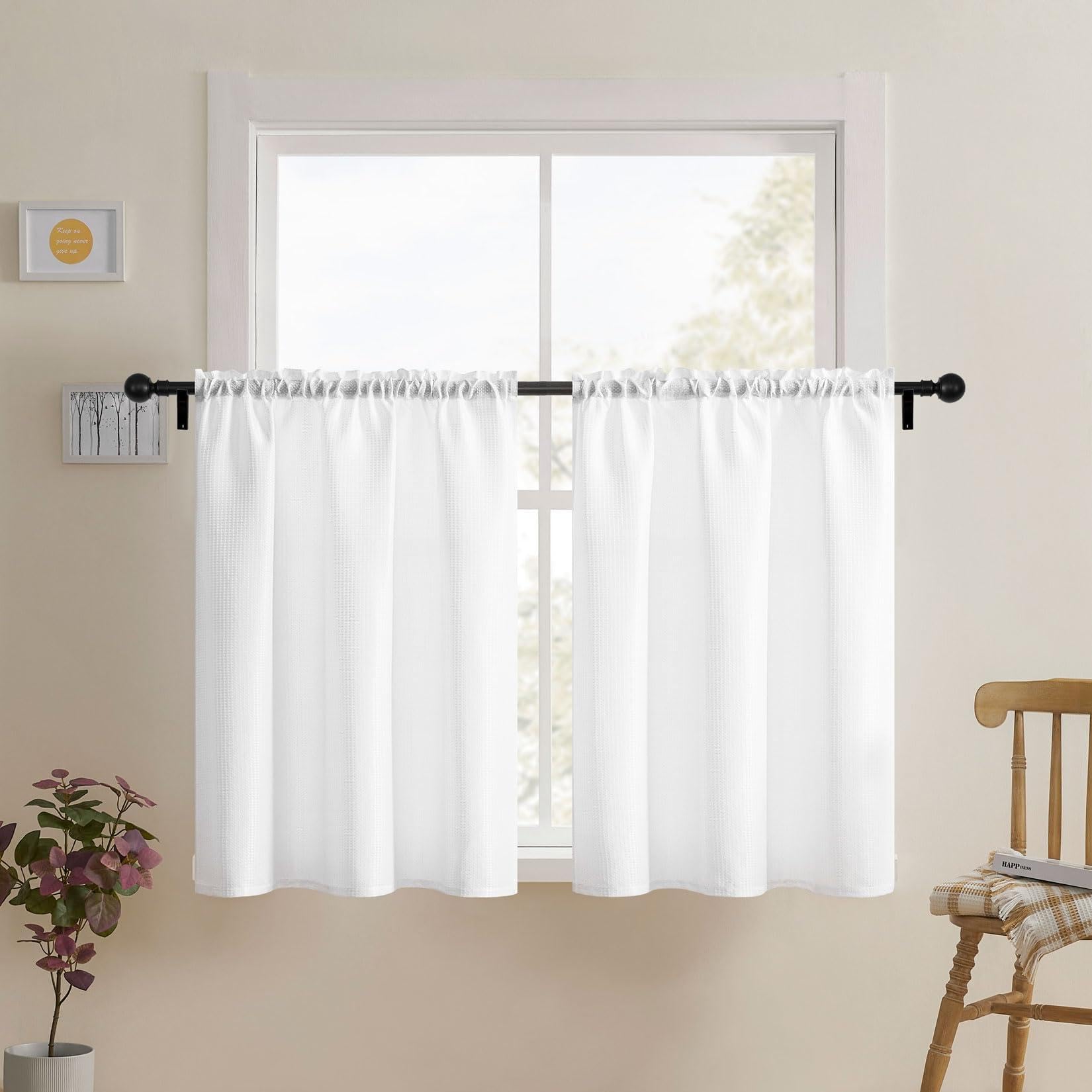 Home Queen White Waffle Bathroom Window Curtains, Water Repellent Rod Pocket Kitchen Drapes for Small Window, 2 Panels, 24 W X 45 L Inch Each