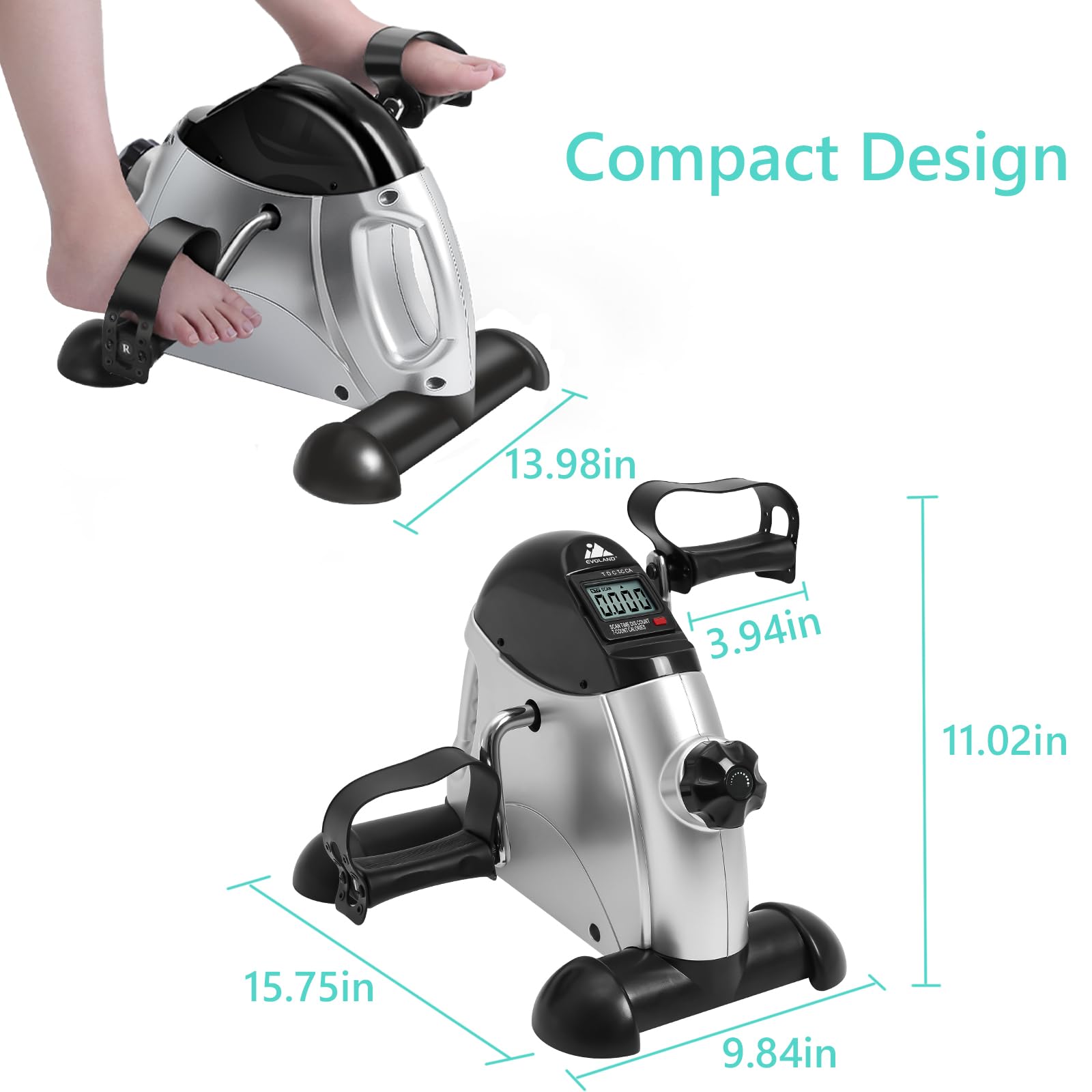 EVOLAND Mini rower treningowy, pod biurkiem, z uchwytem, regulowany opór, wyświetlacz LCD, mata antypoślizgowa, trening domowy i biurowy, trening fitness, dla kobiet i osób starszych (szary)